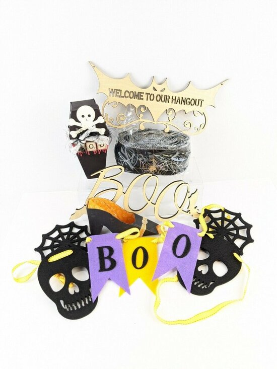 Unbranded Other - Halloween Wreath Ribbon 2.5x10 w/ 2 wood decor 2 cardboard decor Boo Banner New